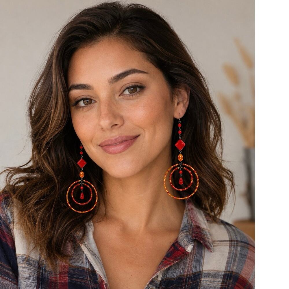 Handmade Dangle Hoop Earrings with Red Crystal Accents 2.5 inch long
